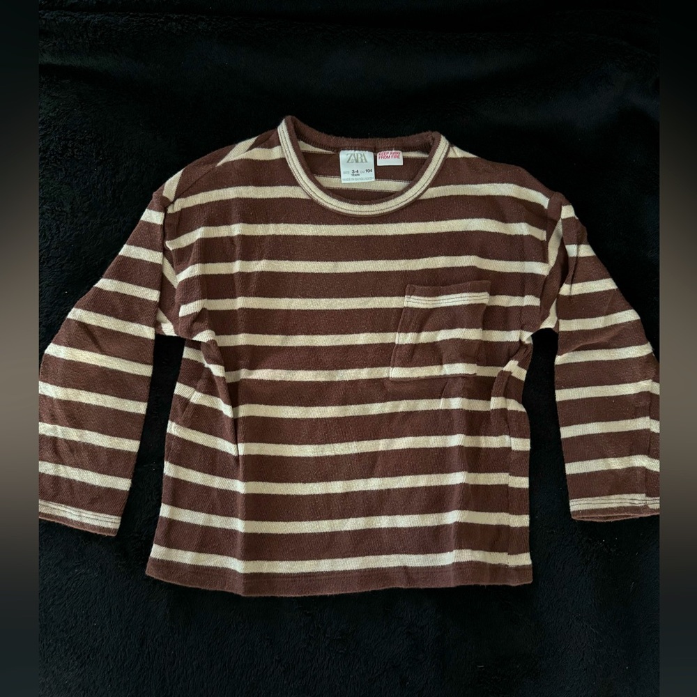 3-4YO, Zara brown and cream striped light long sleeve shirt.